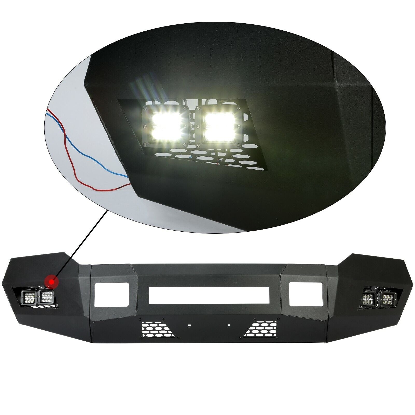 MR.GOP - Parachoques delantero compatible con Ford F250 F350 Super Duty 2011-2016 con luces LED cúbicas, conjunto de parachoques de 3 piezas, acero recubierto de polvo negro, 2 paquetes 