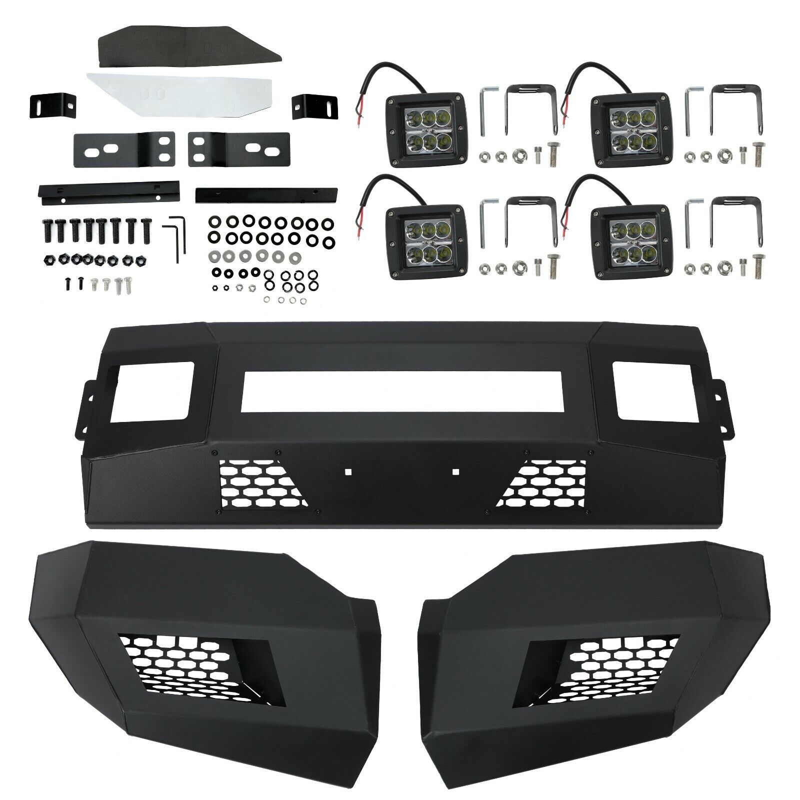 MR.GOP - Parachoques delantero compatible con Ford F250 F350 Super Duty 2011-2016 con luces LED cúbicas, conjunto de parachoques de 3 piezas, acero recubierto de polvo negro, 2 paquetes 