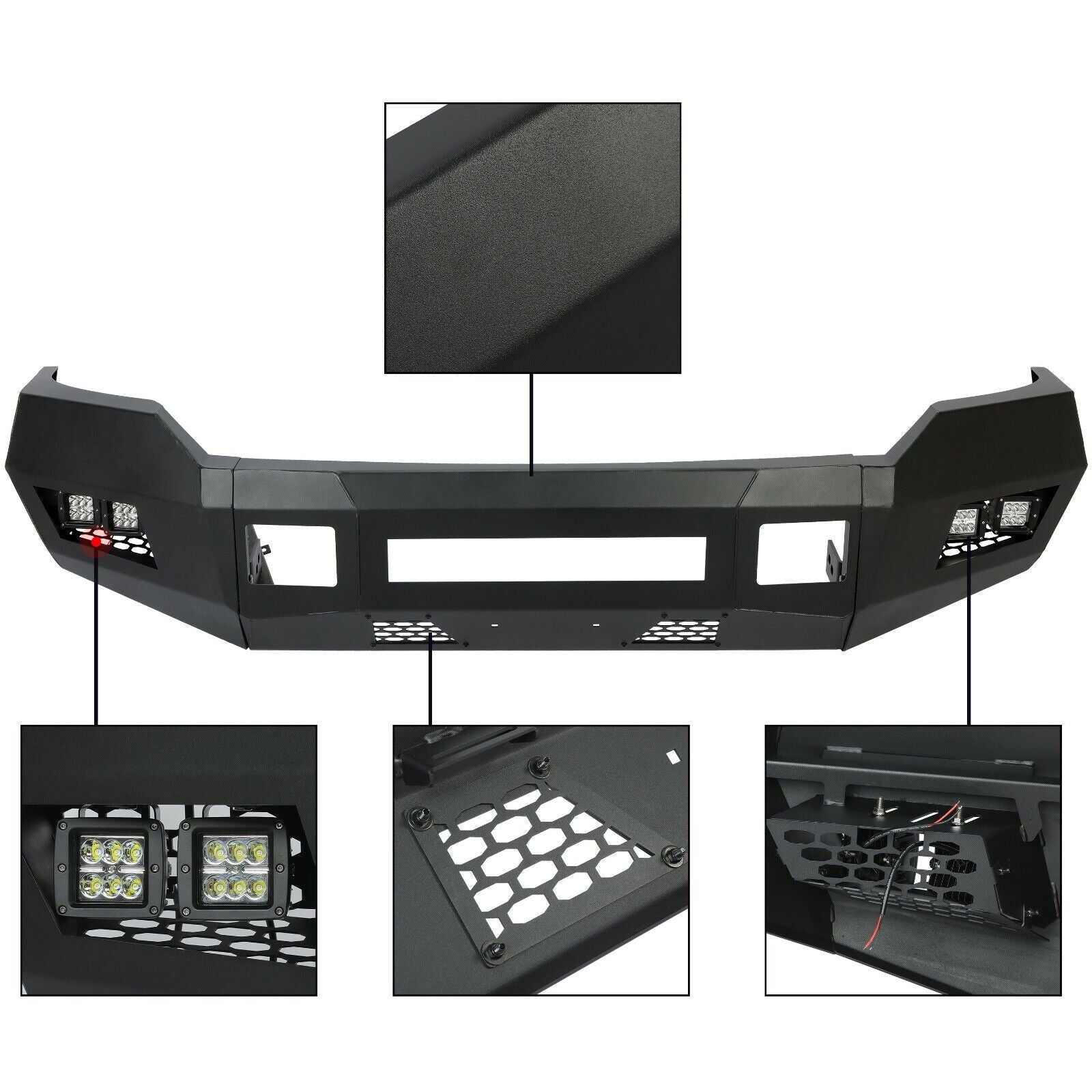 MR.GOP - Parachoques delantero compatible con Ford F250 F350 Super Duty 2011-2016 con luces LED cúbicas, conjunto de parachoques de 3 piezas, acero recubierto de polvo negro, 2 paquetes 