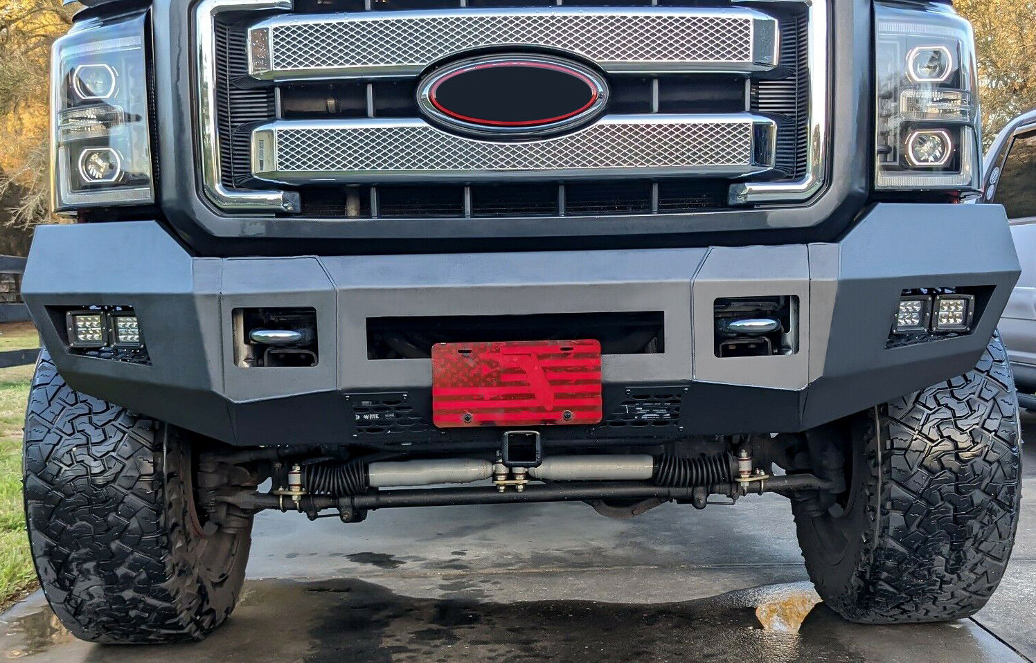 MR.GOP - Parachoques delantero compatible con Ford F250 F350 Super Duty 2011-2016 con luces LED cúbicas, conjunto de parachoques de 3 piezas, acero recubierto de polvo negro, 2 paquetes 