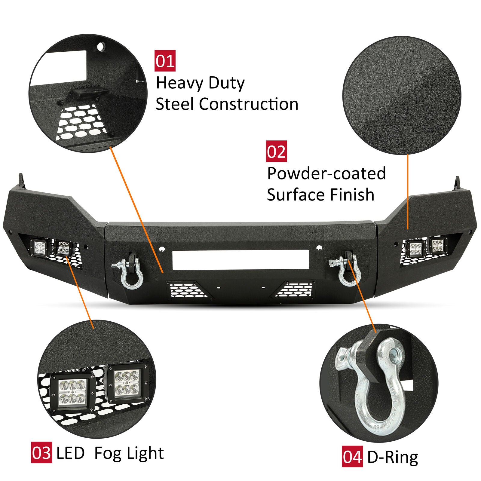 MR.GOP-For 2013-2021 Dodge Ram 1500 Heavy Duty Front Bumper W/ D-Rings & LED Fog Lights