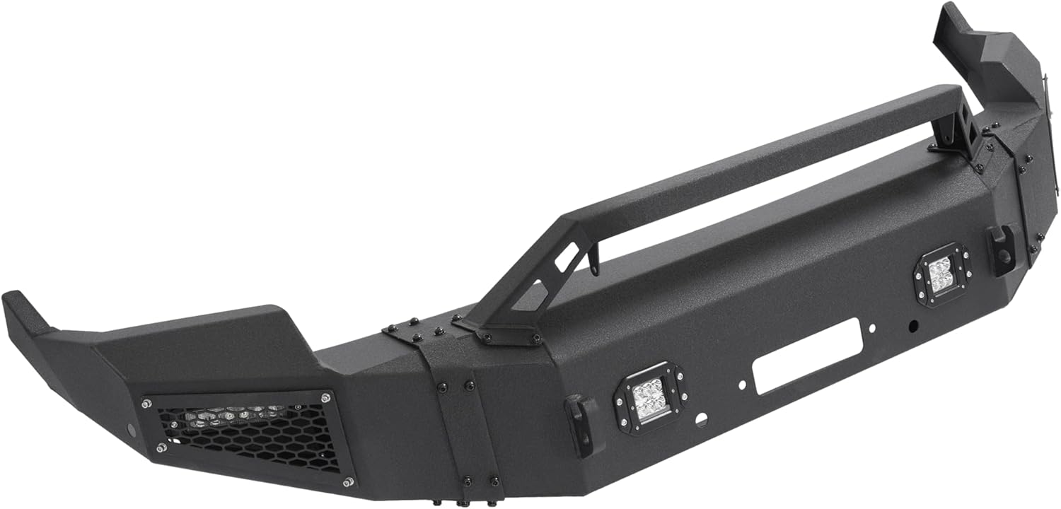 Front Bumper Assembly Compatible with 2009-2012 Dodge Ram 1500 with Winch Plate and Led Lights Steel Powder Coated Black Two Packages