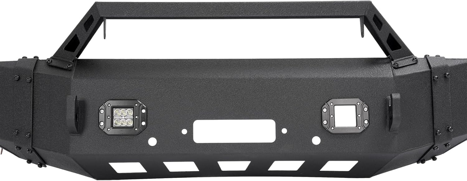 Front Bumper Assembly Compatible with 2009-2012 Dodge Ram 1500 with Winch Plate and Led Lights Steel Powder Coated Black Two Packages