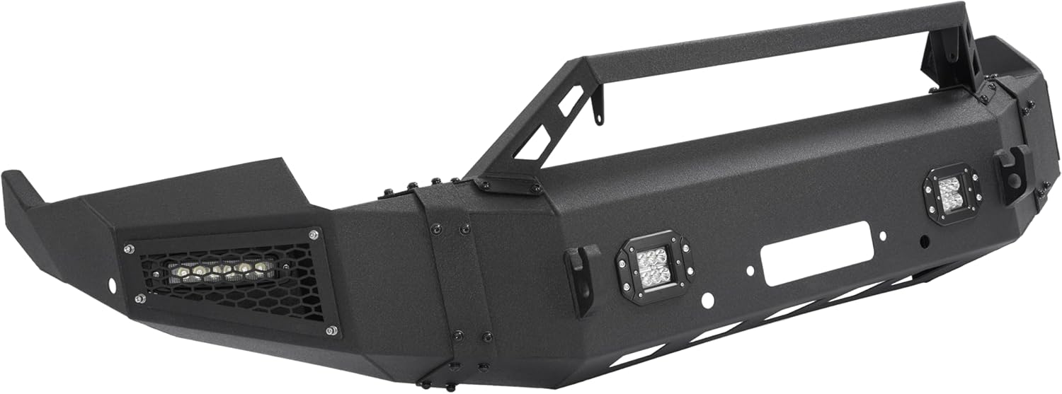 Front Bumper Assembly Compatible with 2009-2012 Dodge Ram 1500 with Winch Plate and Led Lights Steel Powder Coated Black Two Packages