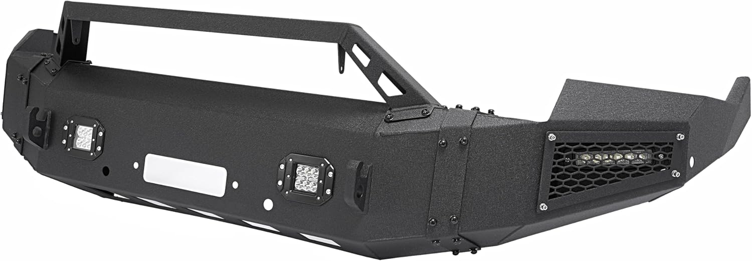 Front Bumper Assembly Compatible with 2009-2012 Dodge Ram 1500 with Winch Plate and Led Lights Steel Powder Coated Black Two Packages