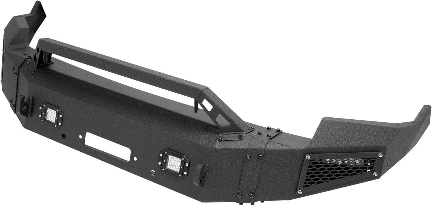 Front Bumper Assembly Compatible with 2009-2012 Dodge Ram 1500 with Winch Plate and Led Lights Steel Powder Coated Black Two Packages