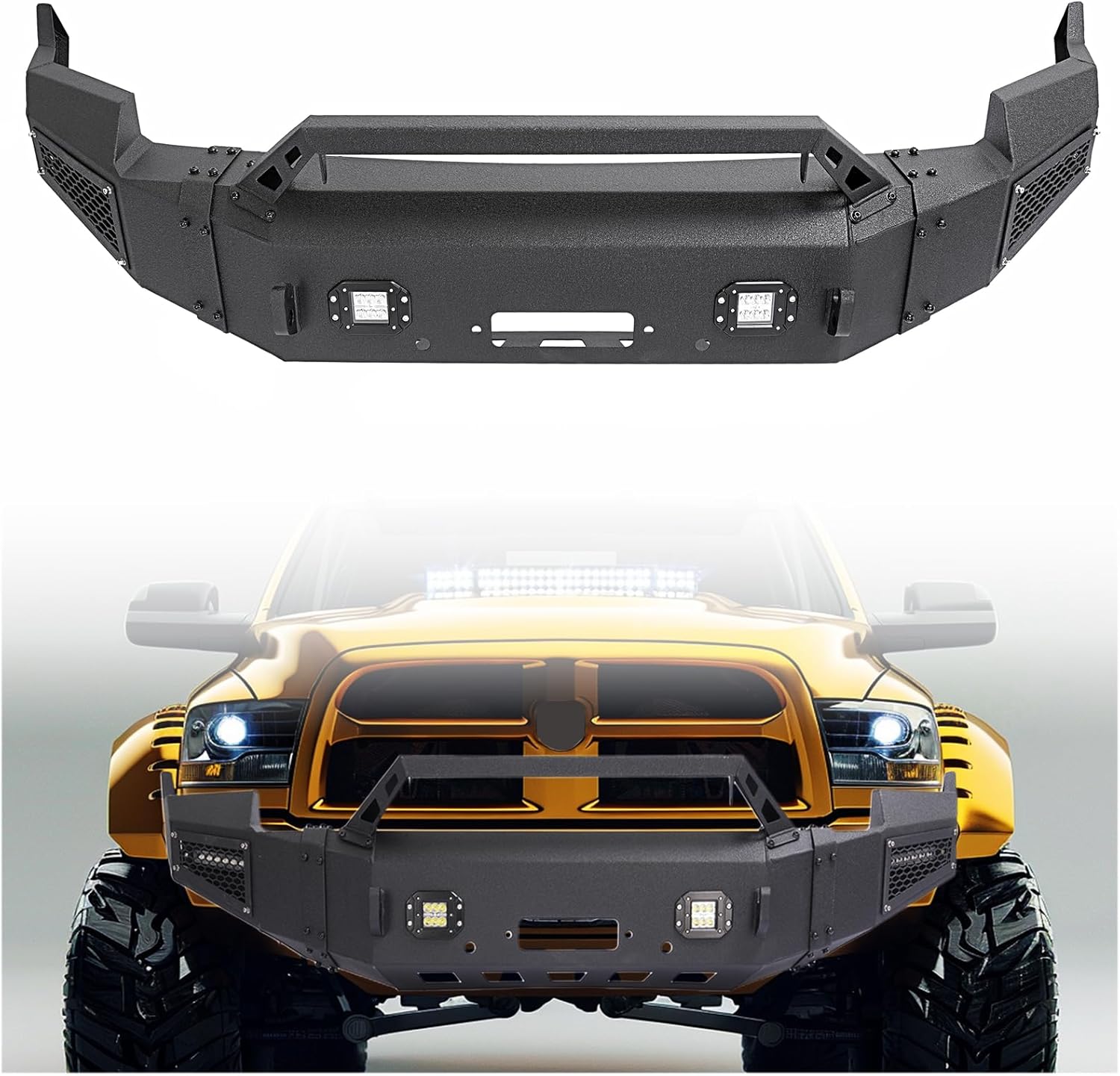 Front Bumper Assembly Compatible with 2009-2012 Dodge Ram 1500 with Winch Plate and Led Lights Steel Powder Coated Black Two Packages