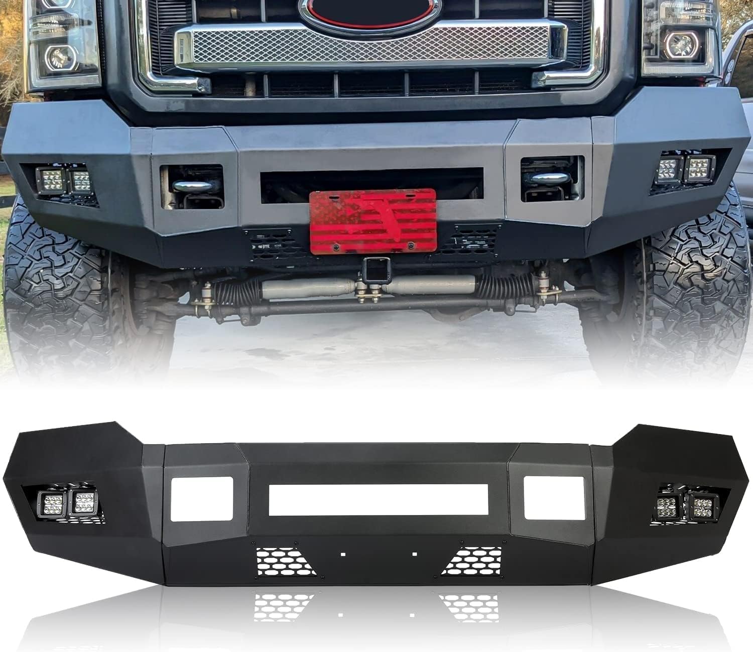 MR.GOP - Parachoques delantero compatible con Ford F250 F350 Super Duty 2011-2016 con luces LED cúbicas, conjunto de parachoques de 3 piezas, acero recubierto de polvo negro, 2 paquetes 